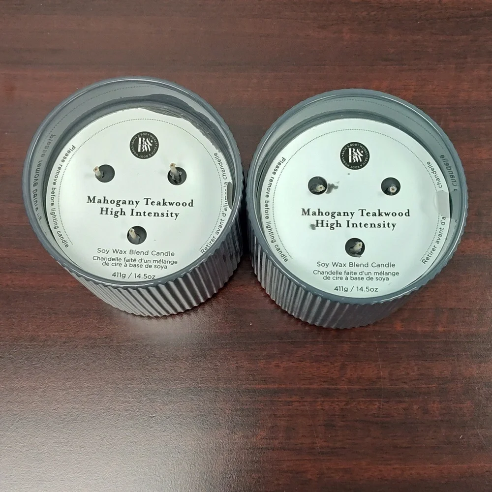 Bath & Body Works "MAHOGANY TEAKWOOD" 3-Wick Ceramic Candles - Set of 2 - Picture 2 of 3